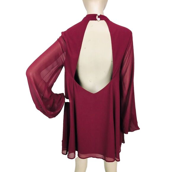 Show Me Your Mumu Josephine Burgundy Chiffon Choker Sheer Balloon Sleeve Dress - Picture 5 of 9